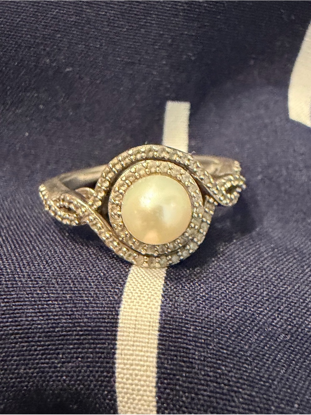Vintage P star M Pearl and Pavé Halo Silver Ring